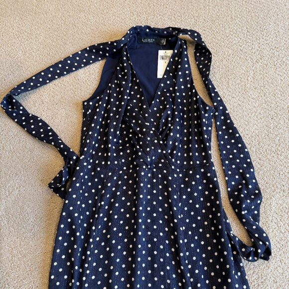 NWT Lauren Ralph Lauren Midi Dress Polka Dot Navy White Chiffon V-Neck Size 4 - Picture 6 of 13